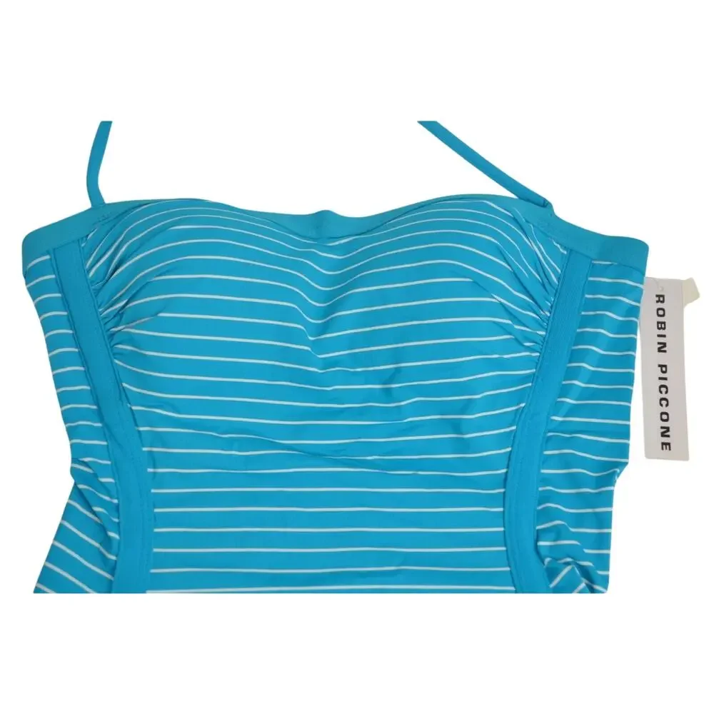 ROBIN PICCONE Women's Blue & White Striped Tankini Top w/ Halter Strap
